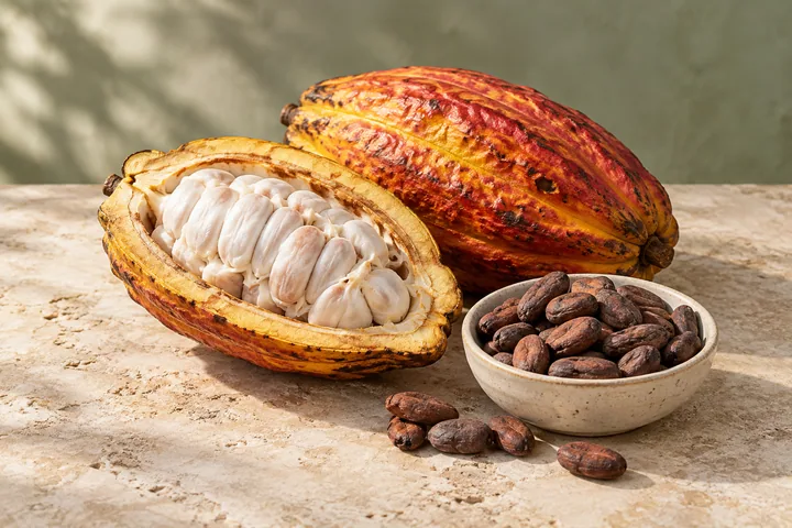 Illustrative cocoa pods and beans