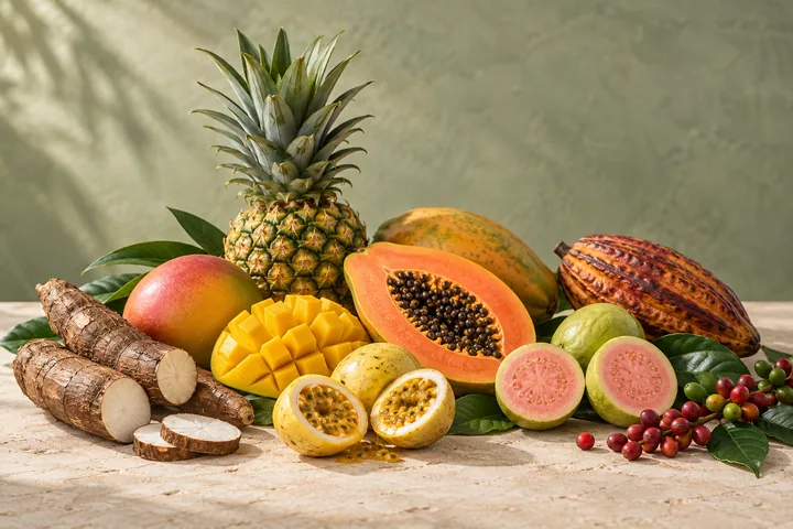 An illustrative selection of tropical fruit, cassava, cocoa and coffee
